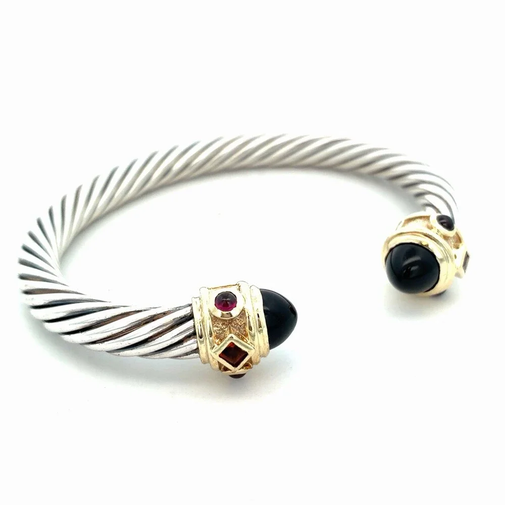 David Yurman Sterling Silver 14K Gold Onyx Renaissance Cablespira Cuff Bracelet